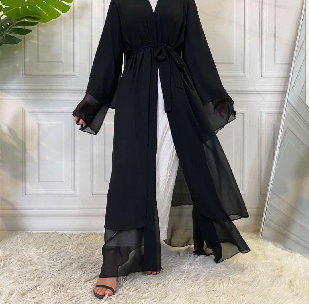 Malaika 2-tier chiffon open abaya with layered drapes